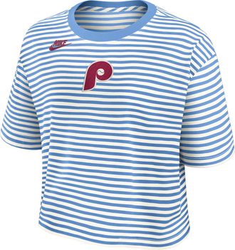 Nike Philadelphia Phillies Cooperstown Logo Striped Nike Womens MLB Cropped T-Shirt in Blue | 048P0G7VPHP-YLT
