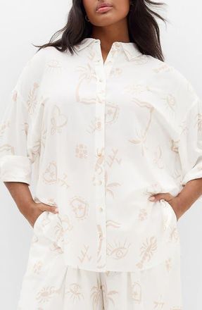City Chic Alessia Print Shirt in Stone Conversational at Nordstrom, Size 20W