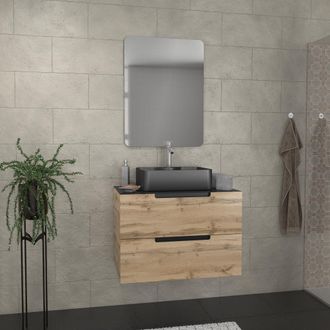 Aurlane Aurlane - Mueble De Ba&ntilde;o 80 Cm 2 Cajones - Roble Y Negro - Lavabo Rectangular - Espejo 60x80 - Omega