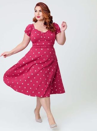 Unique Vintage Plus Size Ohara Swing Dress in Burgundy W/Pink Hearts at Nordstrom, Size 4X