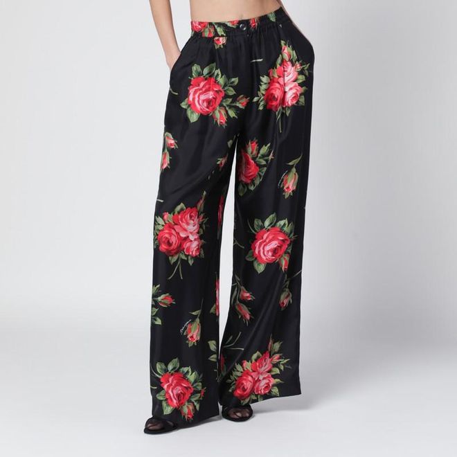 Wide twill trousers with rose bouquet print