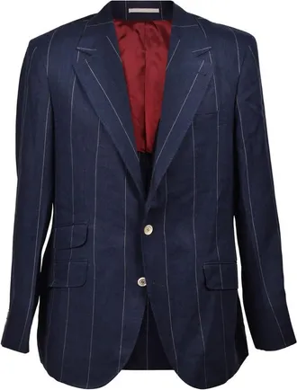 Brunello Cucinelli Navy Linen Striped Three-Button Suit, Brand Size 50 (US Size 40)