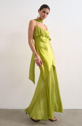 Topshop Mixed Media Ruffle Maxi Dress with Scarf in Green at Nordstrom, Size 12 Us