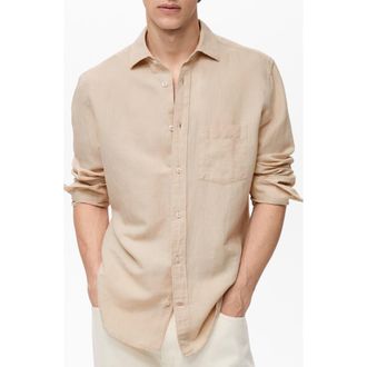 Mango Classic Fit Linen & Cotton Button-Up Shirt in Sand at Nordstrom Rack, Size X-Small