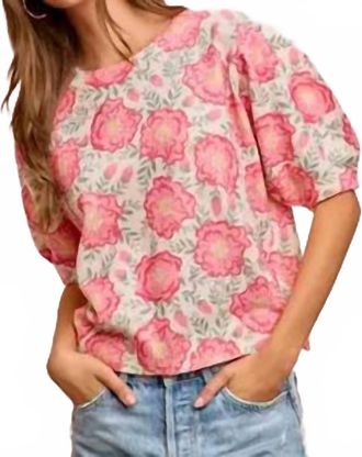 Bibi Flower Printed Puff Sleeves Knit Top In Ivory
