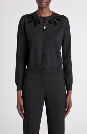 Valentino Garavani Embroidered Bow Appliqu&eacute; Virgin Wool Cardigan in Black at Nordstrom, Size X-Large