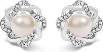 House of Brilliance Sterling Silver Pearl and 1/10 Cttw Diamond Floral Twist Stud Earrings at Nordstrom