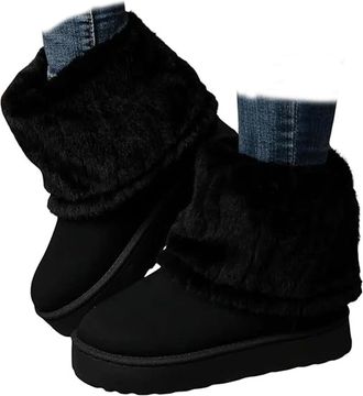 Generic Winter Boots for Women Faux Fur Ankle Snow Boots - Slip On Chunky Sole Round Toe Suede Booties, Non-Slip Casual Shoes (Black,4.5)