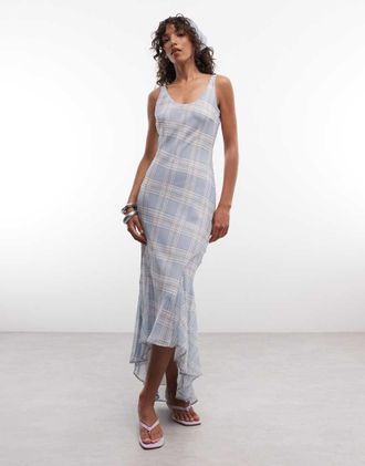 Asos Vestito lungo in chiffon con gonna a ruota e taglio sbieco blu a quadri-Multicolore