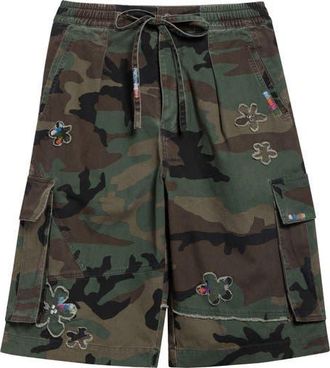 Nahmias Crystal Embellished Floral Patch Camouflage Print Cotton Twill Shorts in Camo Twill at Nordstrom, Size 34