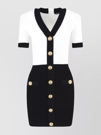 Balmain two tone ribbed knit v neck short sleeve mini dress