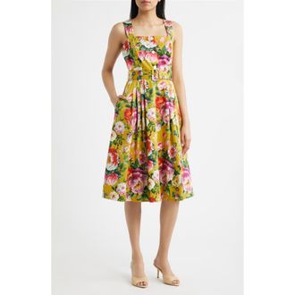 Tahari by ASL Floral Print Fit & Flare Sundress in Mustard Floral at Nordstrom, Size 16