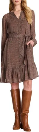 Nic+Zoe Dotty Chain Long Sleeve Georgette Dress in Brown Multi at Nordstrom, Size Xx-Large