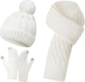 Generic Gloves Scarf Set for Boys Scarf Gloves Hat Set for Teen Girls Women&Men Autumn Winter Warm Wool Hat Scarf Gloves Three Pieces Hat Gloves Set Women (Wh