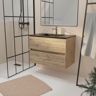 Aurlane Aurlane - Mueble De Ba&ntilde;o 80 Cm 2 Cajones Roble Natural + Lavabo De Cer&aacute;mica Negra - Timber