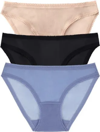 OnGossamer 3-Pack Mesh Hip Bikinis in Country Blue/black/champagne at Nordstrom, Size Large