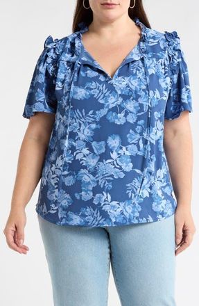 Sugarlips Bary Danielle Floral Ruffle Top in Navy-Blue at Nordstrom, Size 3X