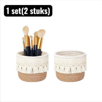 OEM 2 Piezas, Cesta De Almacenamiento Redonda Tejida Con Flecos, Cesta Decorativa Para Maquillaje, Brochas Y Joyas, Ba&ntilde;o O Dormitorio, Blanco Roto