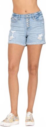 Judy Blue High Waisted Button Fly Destroyed Cuffed Stretchy Shorts In Light Denim