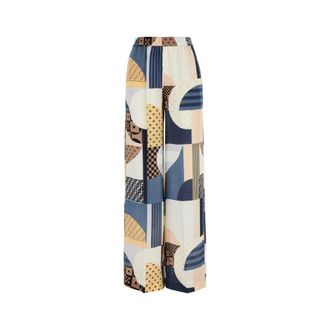 Fendi Broeken, Dames, Veelkleurig, S, Patchwork Print Wijde Pijpen Zijden Broek