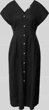 Ichi Midikleid aus Leinen-Viskose-Mix mit V-Ausschnitt in Black, Gr&ouml;&szlig;e 34