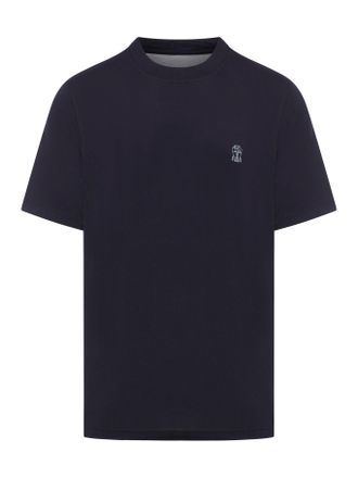 Brunello Cucinelli BLUE COTTON T-SHIRT WITH CONTRASTING LOGO PRINT - Brunello Cucinelli - Man
