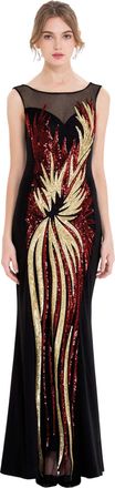 Angel Fashions ANGEL FASHIONS Womens Sheer Gold Sequined Black Splicing Evening Dress, Red Gold, 8