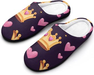 Generic Heart Pattern Cotton Slippers for Women Memory Foam Comfy House Shoes with Anti-Skid Rubber Sole