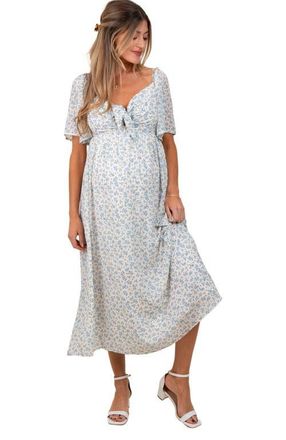 Pinkblush Floral Front Tie Midi Dress in Blue at Nordstrom, Size Medium