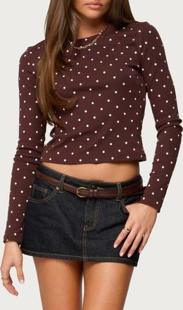 Edikted Daliya Polka Dot Long Sleeve Cotton Crop T-Shirt in Brown at Nordstrom, Size X-Small