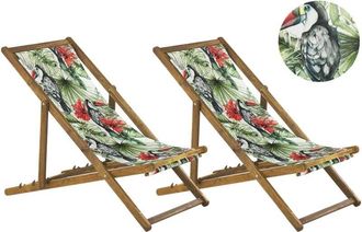 Beliani Set of 2 Folding Deck Chairs ANZIO with Replacement Fabrics Animal Motif Acacia Wood Light Brown