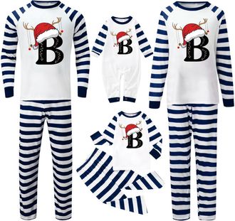 Generic Family Christmas Pyjamas Set Stripe Letter Print Crew Neck Homewear Long Sleeve Thin Fleece Xmas Pjs Sets Relaxed-Fit Lightweight Matching Pyjamas Fun