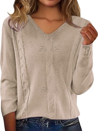 Generic Cozy Sweaters for Women, Womens Pullover Sweaters Long Sleeve Cashmere V Neck Tops Casual Loose Fashion Trendy Texture Cable Knit Sweater Khaki XXL