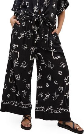 City Chic Resort Paperbag Waist Wide Leg Pants in Black And White at Nordstrom, Size Xxxs