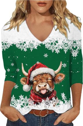 Generic Highland Cow Shirts 3/4 Length Sleeve Funny Highland Cow Tops for Women Cute Cow Shirts for Women V Neck Christmas T Shirt Highland Cow Gifts