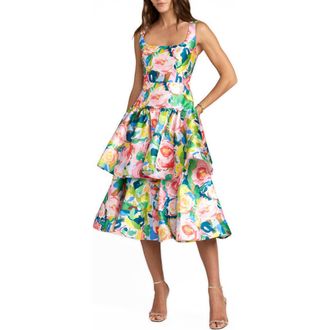 Mac Duggal Floral Mikado Sleeveless Ruffle Midi Dress in Blue Multi at Nordstrom, Size 10