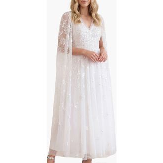 Needle & Thread Freesia Shimmer Cape Sleeve Ankle Gown in Swan White/pink at Nordstrom, Size 18
