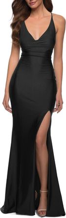 La Femme V Neck Jersey Fitted Prom Dress with Tie Up Back in Black at Nordstrom, Size 10