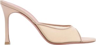 Amina Muaddi Heeled Mules, female, Beige, Size: 10 US Nude Leather Mesh Slippers Elegant Style