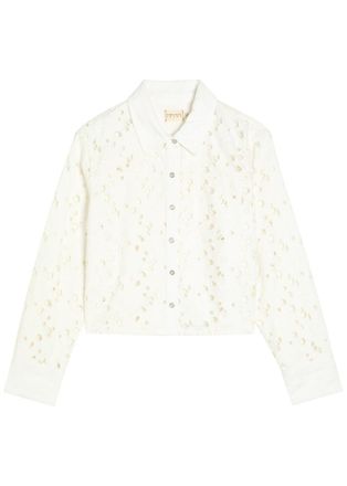 Alice & Olivia Finely Cutwork Embroidered Denim Shirt - White - S (UK8-10 / S)