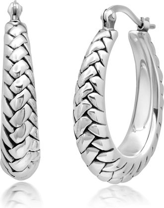 MAX + STONE 925 Sterling Silver Chunky Textured Braided Oval Hoop Earrings