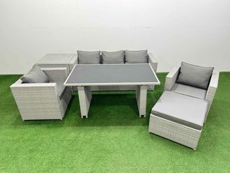 Fimous Patio Garden Furniture Sets with Dining Table Side Table Big Stool in Light Grey