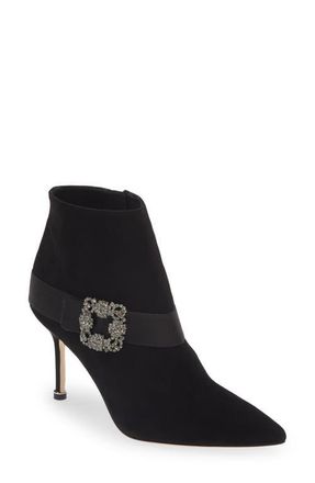 Manolo Blahnik Plinianu Crystal Buckle Pointed Toe Bootie in Black at Nordstrom, Size 8.5Us