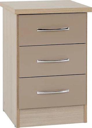 Seconique NEVADA 3 DRAWER BEDSIDE - OYSTER GLOSS/LIGHT OAK EFFECT VENEER - SECONIQUE | TJ Hughes