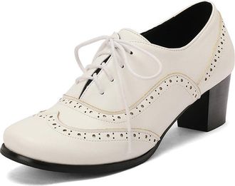 Generic Womens Block Heels Pumps Oxfords Brogues Wingtip Perforated Lace Up Vintage Dress Shoes (7.5,White)