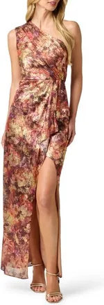 Adrianna Papell Metallic Floral One-Shoulder Chiffon Gown in Gold Multi at Nordstrom, Size 14