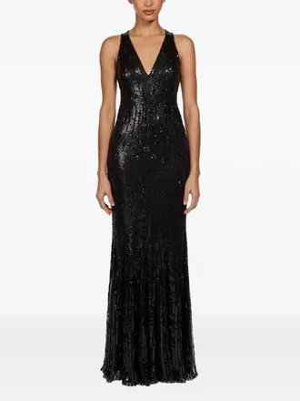 Jenny Packham Black Flower Sequined V-Neck Maxi Dress in Liquorice at Nordstrom, Size 14 Uk