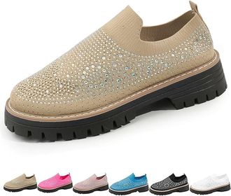 Generic Womens Knitted Platform Slip On Rhinestone Loafers, Orthopedic Chunky Loafers Breathable Mesh Sparkly Glitter Walking Shoes (6.5,Khaki)