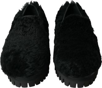 Dolce & Gabbana Black Fur Leather Slippers Dress Mens Shoes
