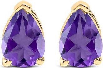 House of Brilliance 14K Gold 6x4MM Pear Shaped Gemstone Solitaire Stud Earrings in Purple Amethyst | Yellow at Nordstrom